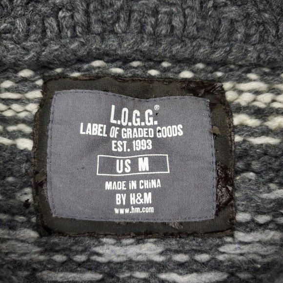 H&M LOGG Sweater Men Medium Gray White 1/4 Button Hand Knitted Pullover Wool - Picture 4 of 12